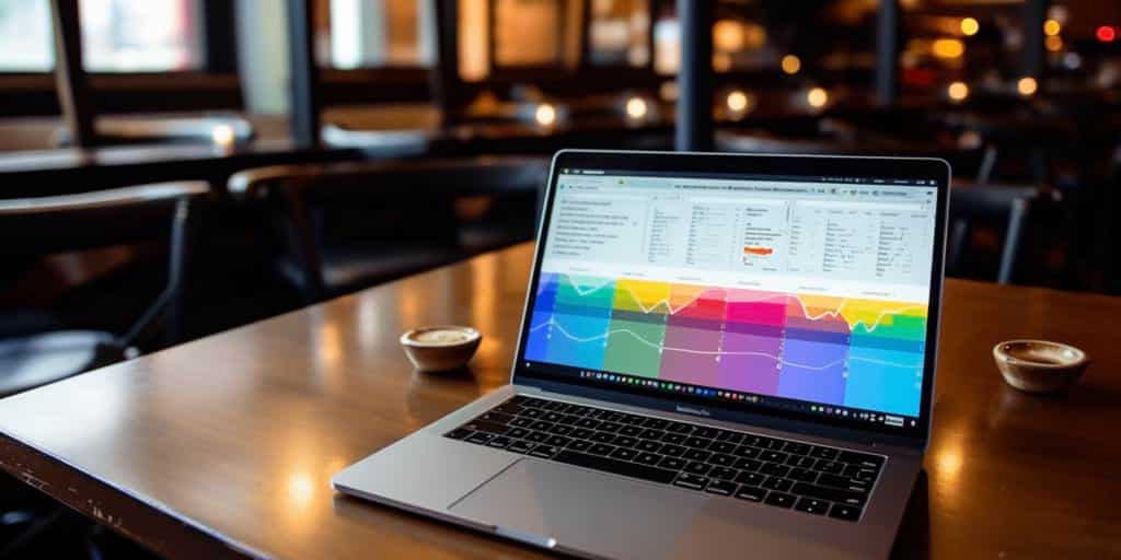 Macbook on a restaurant table with the screen showing statistic