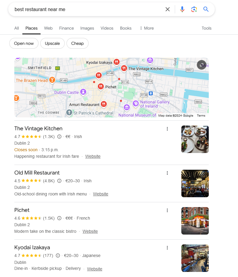 Local search results for restaurants.