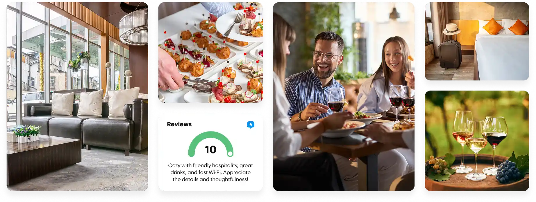 Happy people having great food in a comfortable environment with good reviews