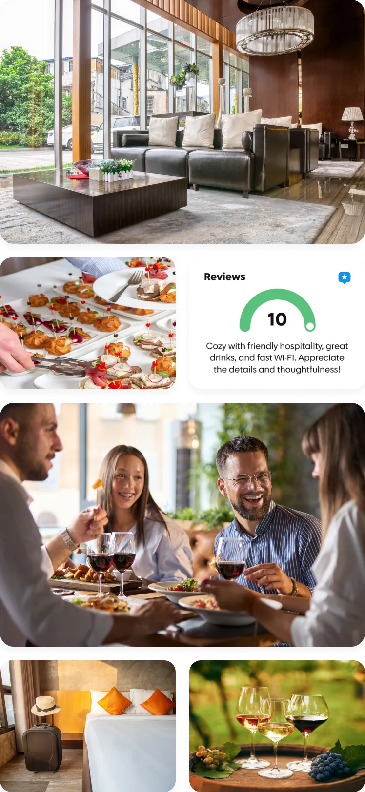 Happy people having great food in a comfortable environment with good reviews