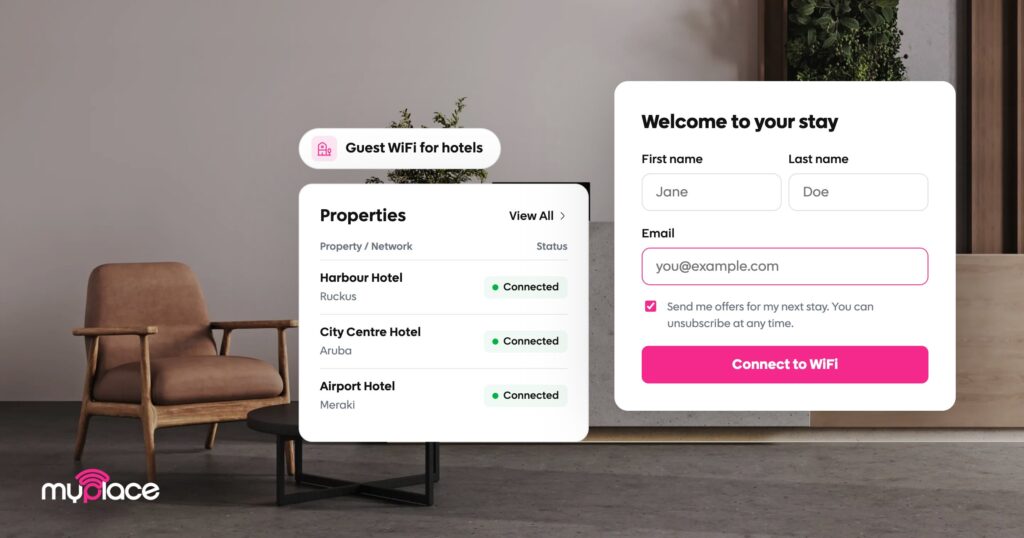 Hotel captive portal software comparison: a branded guest WiFi login page on a phone in a hotel room