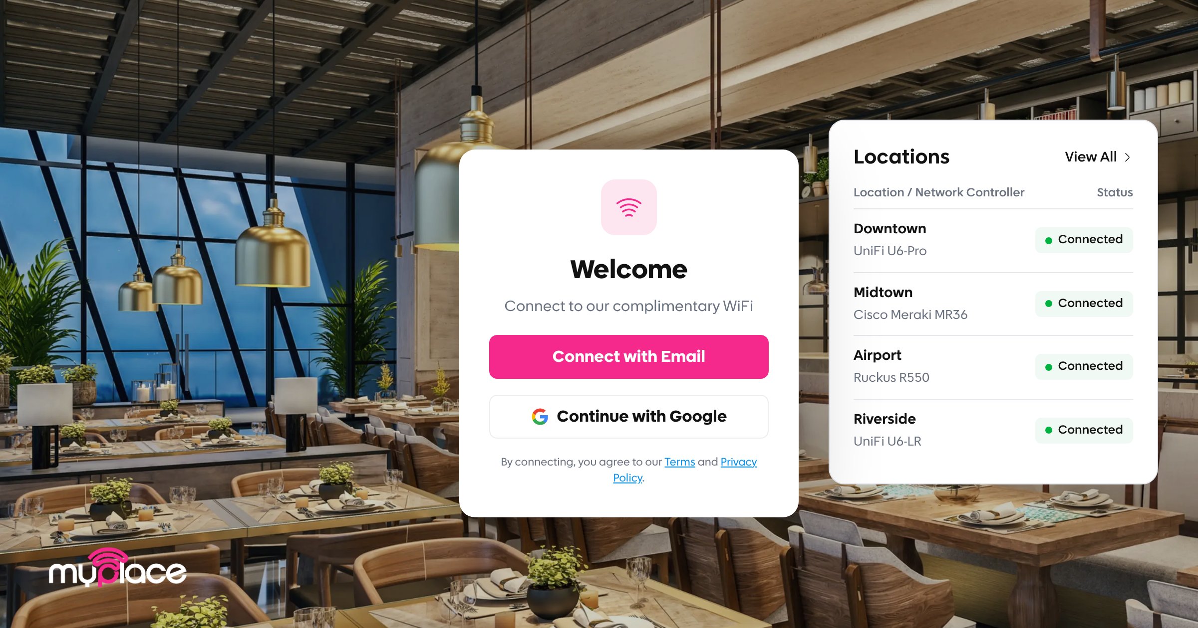 Restaurant marketing software for multi-location groups: one dashboard for guest WiFi capture across every location.